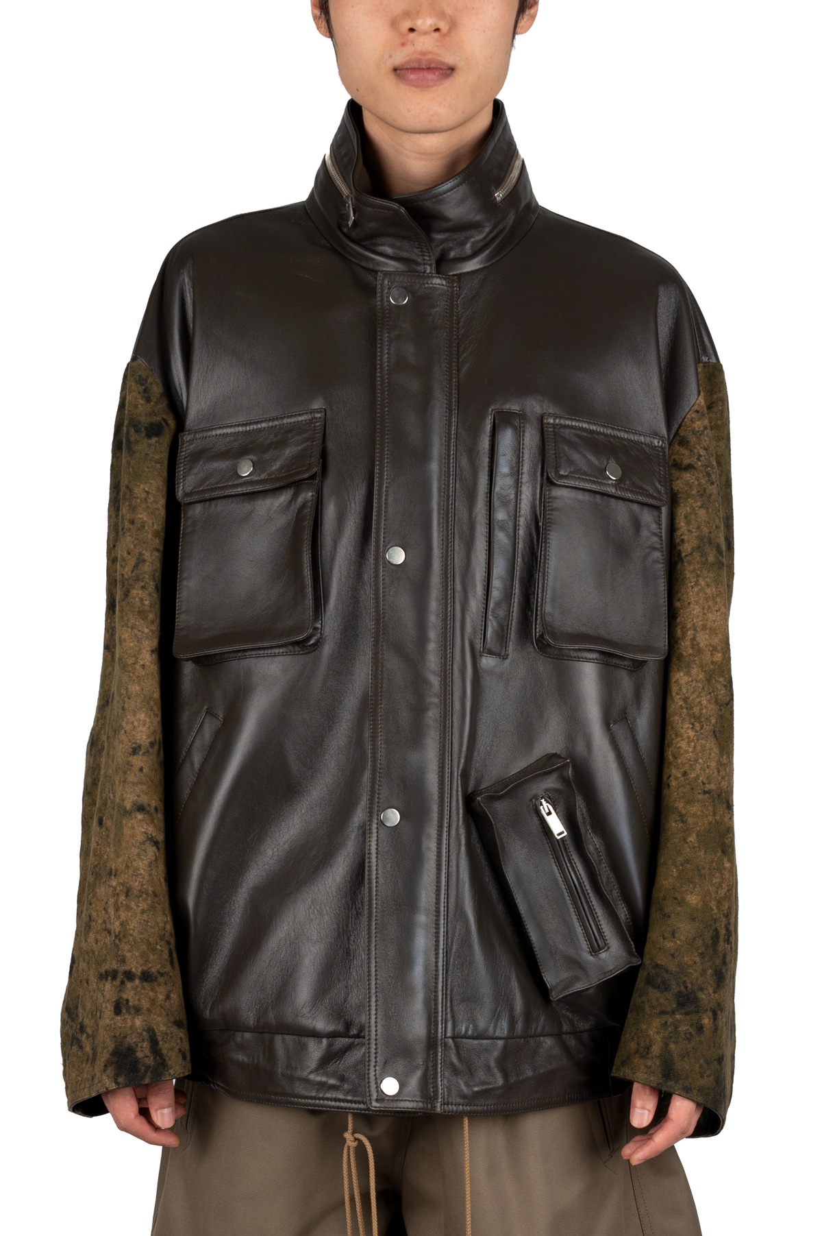 CARICO JACKET - LEATHER, NATURAL DYED LINEN